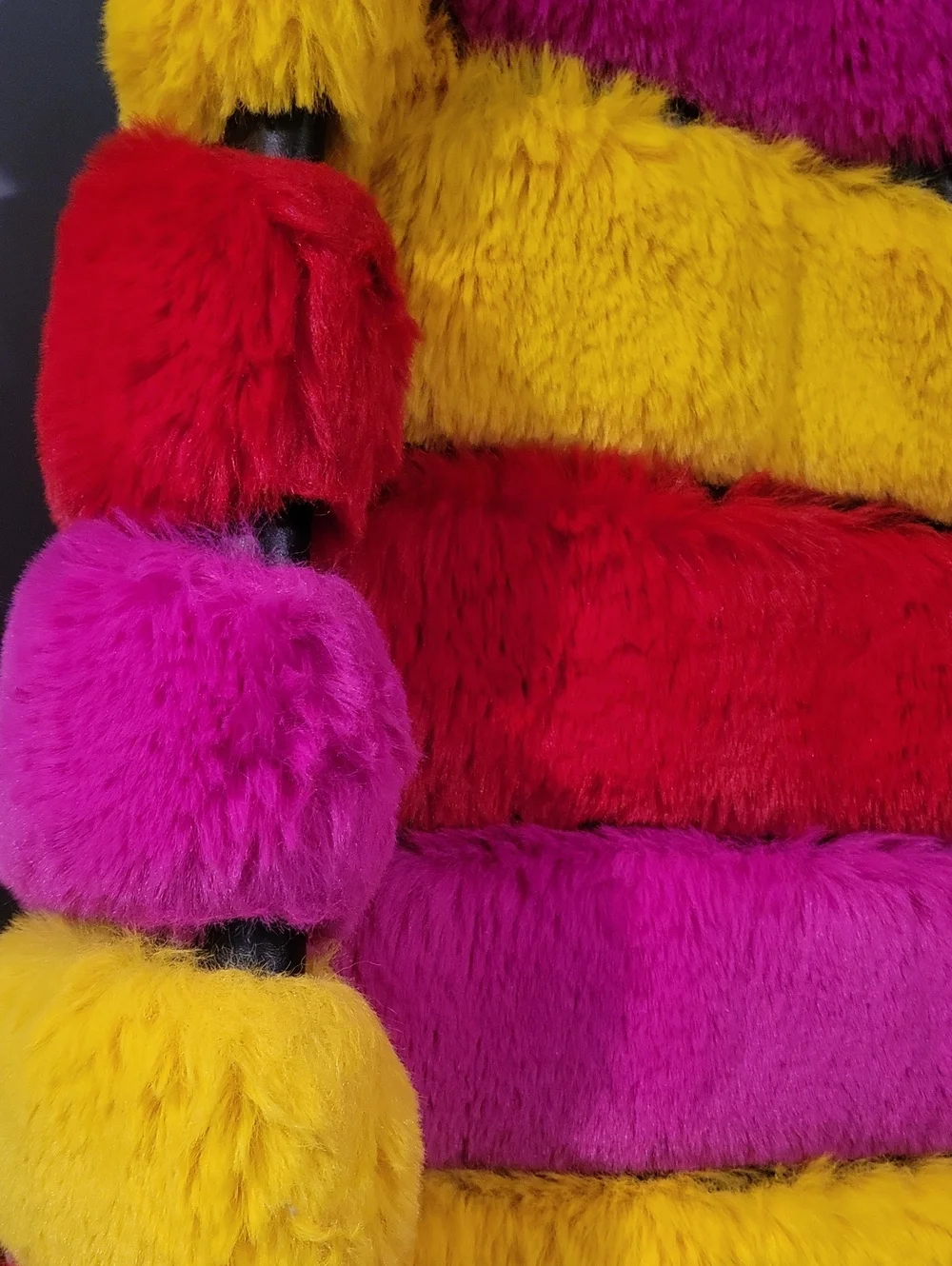 Womenso Bright Pink Faux Fur Coat with Yellow & Red Trim